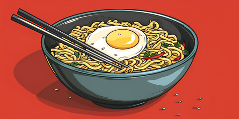 Bowl of noodles with chopsticks and egg