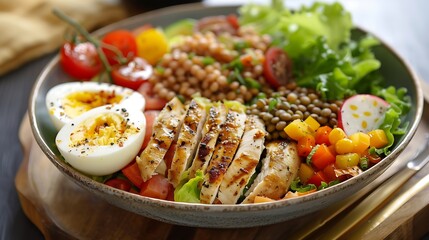 Wall Mural - Healthy lunch bowl with grilled chicken roasted vegetables fresh lettuce cooked lentils couscous salad and hard boiled egg : Generative AI