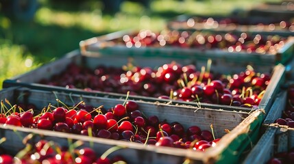 Picking cherries in the orchard  Boxes of freshly picked lapins cherries Industrial cherry orchard Buckets of gathered sweet raw black cherries  Closeup view of green grass and boxes f : Generative AI