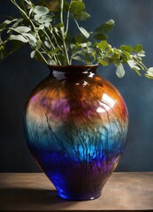 Colorful Decorative glass vase with green and blue pattern on the table. Close up. ai generative