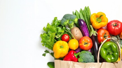 Wall Mural - Buying fresh vegetables in paper bag on white background top view : Generative AI