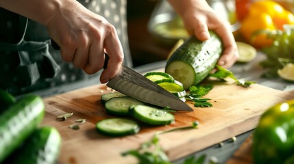 Wall Mural - Close up photo of female hands with knife cutting fresh cucumber on the table on domestic kitchen Many ripe tasty and colorful vegetables with olive oil Vegan meal healthy nutrition : Generative AI