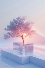 Abstract Futuristic 3D Render Minimalistic Style with Floating Geometric Shapes Isometric Design, Light Color Theme, Bright Background, and Soft Lighting