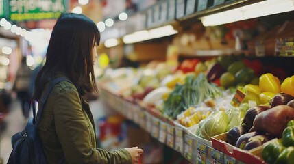 A female customer dressed casual standing at greengrocerys market and choosing fresh organic vegetables Portrait of a young woman purchasing fresh raw products and groceries at framers : Generative AI