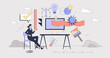 © VectorMine - Logo design and sketch creation tiny person neubrutalism concept. Business visual communication drawing using digital tools vector illustration. Designer work for new company identity and logotype.