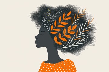 Sticker - Woman with curly hair adorned with leaves, capturing a serene, natural beauty with warm, earthy tones and a peaceful, organic vibe in a modern illustration.