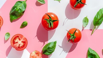 Poster - Creative layout made of tomato and leaves on pink and white background Flat lay Food concept : Generative AI