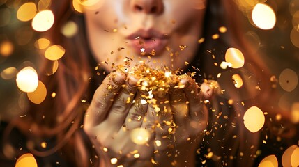 Aufkleber - Woman blow gold glitter and celebration with party and sparkle bokeh with New Years and festive Happiness excited and female person confetti and anniversary with aesthetic and special  : Generative AI