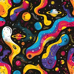 Wall Mural - Fun Funky Space Pattern Wallpaper, Wild Science Fiction Wrapping Paper Design, Retro Stars Astronomy Background Concept, Colorful Vibrant Galactic Galaxy Backdrop