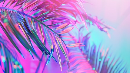 Poster - Tropical and palm leaves in vibrant bold gradient holographic neon  colors Concept art Minimal surrealism summer background : Generative AI