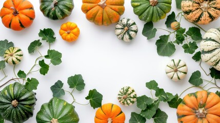 Poster - Pumpkins and green leaves flat lay on white background with space for text