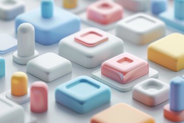 Abstract Futuristic 3D Render Minimalistic Style with Floating Geometric Shapes Isometric Design, Light Color Theme, Bright Background, and Soft Lighting