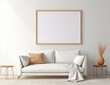 © Digital Dreamscapes - Minimalist living room with white sofa, beige cushions, wooden side tables, and framed artwork on a neutral wall background. Modern interior design.