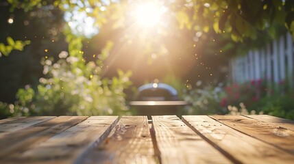 Wall Mural - summer time in backyard garden with grill BBQ wooden table blurred background : Generative AI