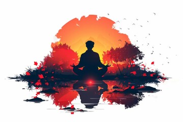 Sticker - Meditating figure with a vibrant sunset background, capturing tranquility and mindfulness in a dynamic, colorful landscape with warm, calming colors.