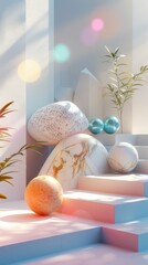 Abstract Futuristic 3D Render Minimalistic Style with Floating Geometric Shapes Isometric Design, Light Color Theme, Bright Background, and Soft Lighting