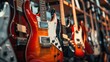 © innova - A row of different electric guitars hanging in a music store