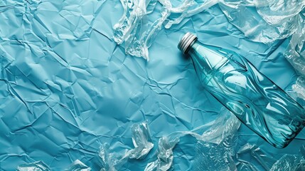 Wall Mural - Empty crumpled plastic bottle on blue surface from above Message on pollution saving earth through recycling and using plastic responsibly