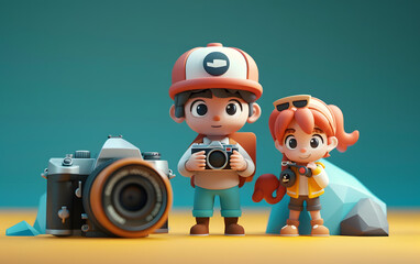 Canvas Print - 3d render of World Photography day, cartoon characters with camera