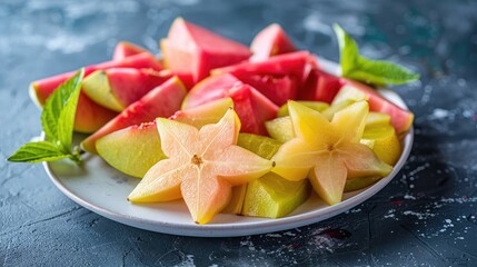 Carambola and organic guava on white plate slices of carambola and red guava carambola fruit salad Star fruit