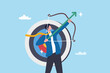 © Nuthawut - Target, goal or business objective, growth or achievement, aiming for purpose, ambition or aspiration to success, leadership or skill to achieve target concept, businessman archery aim to hit target.