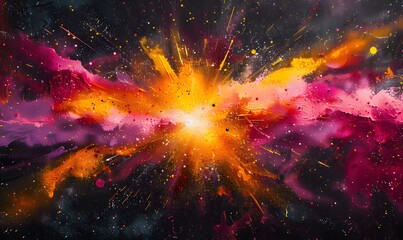 Wall Mural - A burst of neon colors (yellow, orange, pink) exploding from a central point on a black canvas