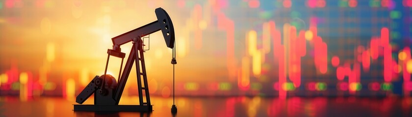 Poster - Oil Pump Silhouette Against Blurred Stock Market Background.