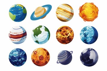 Solar System planets, Moon, Sun and comet icons isolated on white background. ice Uranus Neptune, Pluto. Rocky Mercury, Venus and Earth, Mars illustration on white background