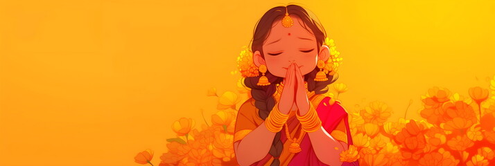 Wall Mural - Indian woman girl in traditional Indian dress folded hands in prayer. Orange background with description for text. Religious template