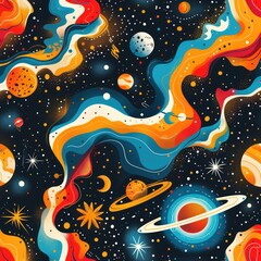 Wall Mural - Fun Funky Space Pattern Wallpaper, Wild Science Fiction Wrapping Paper Design, Retro Stars Astronomy Background Concept, Colorful Vibrant Galactic Galaxy Backdrop