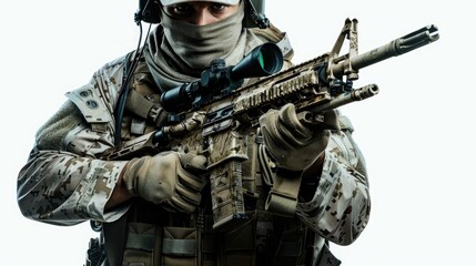 Wall Mural - A person wearing camouflage clothing holds a machine gun