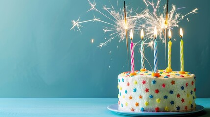 Colorful celebration birthday cake with colorful birthday candles and sparklers against a blue background