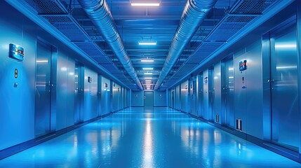 Fototapete - A ceiling showing conduits and cabling typical in the ceiling of a high tech office, predominantly blue in tone and lighting. Generative AI.