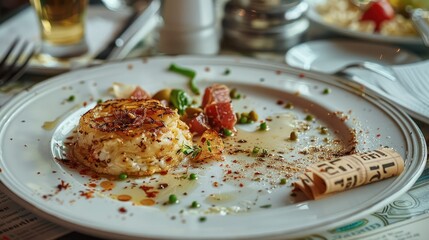 Poster - A half-eaten gourmet dish on an elegant plate, pushed aside in disappointment. Next to it, crumpled tickets and an unpaid bill. Generative AI.