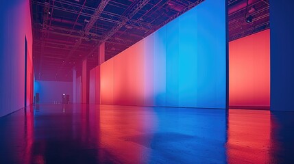 Leinwandbilder - Huge wide blue led screen at event hall, a lot of light, blue and peach colors, minimalistic and modern interior. Generative AI.