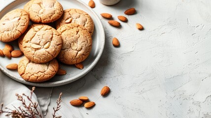 Wall Mural - A plate of fresh almond cookies, golden brown and topped with almond slices, arranged on a white textured surface.