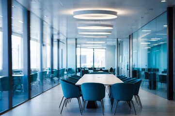 Poster - Modern meeting room interior with blue chairs and glass walls