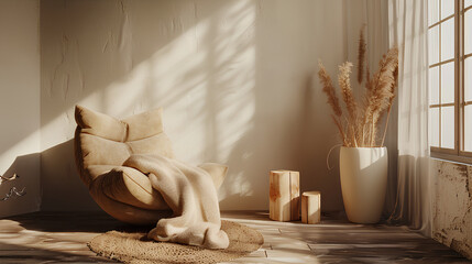 Wall Mural - Home interior mock up, cozy modern room with natural wooden furniture, 3d render Stock Illustration