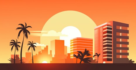 Sunset at Miami Beach with Palm Trees and Skyline in Flat Vector Style
