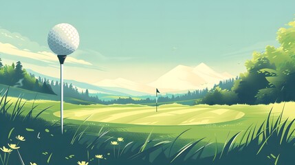 Wall Mural - golf ball with green field background