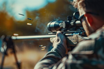 Wall Mural - A man takes aim with a rifle in an open field, ready to shoot