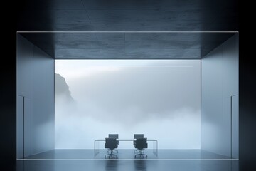 Poster - Minimalist modern office with two chairs facing large window foggy landscape view