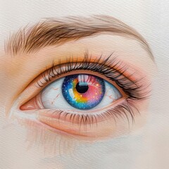 Close-up of a vibrant, rainbow-colored eye with intricate details.