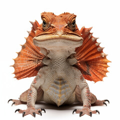 Close-Up Image of a Frilled Lizard Displaying Its Colorful Frill and Detailed Scales on White Background