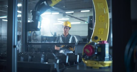 Leinwandbilder - Young Asian Male Technician in a Yellow Hard Hat Operates a Robotic Arm with a Tablet Computer Software in an Advanced Manufacturing Plant. Metal Industry Specialist Performing Tasks at Work