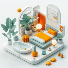 abstract futuristic 3d render minimalistic style with floating geometric shapes isometric design, li