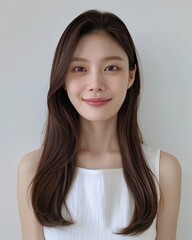 Poster - A photo of a light smile in one's early 20s korea female model with beautiful skin, wearing a white sleeveless top