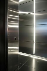 Sticker - modern minimalist wall panels, stainless steel, close-up, linear lights, lighting strips, white and grey color scheme, dark floor 