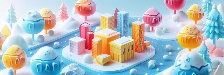 Abstract Futuristic 3D Render Minimalistic Style with Floating Geometric Shapes Isometric Design, Light Color Theme, Bright Background, and Soft Lighting