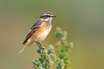 Poster - A tiny bird rests on the leaves of a plant, its feathers ruffled by the gentle breeze